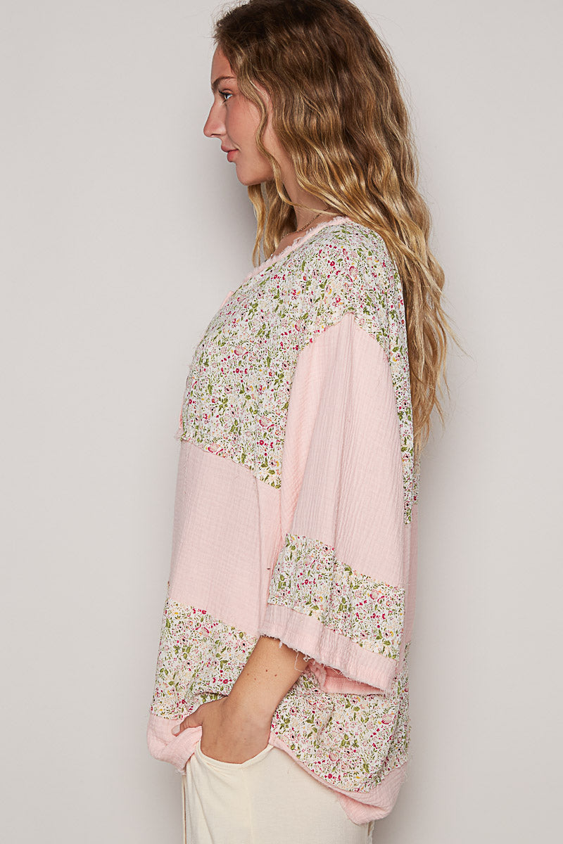 On A Break Floral Contrast Loose Fit Blouse in Double Gauze (2 Colors)