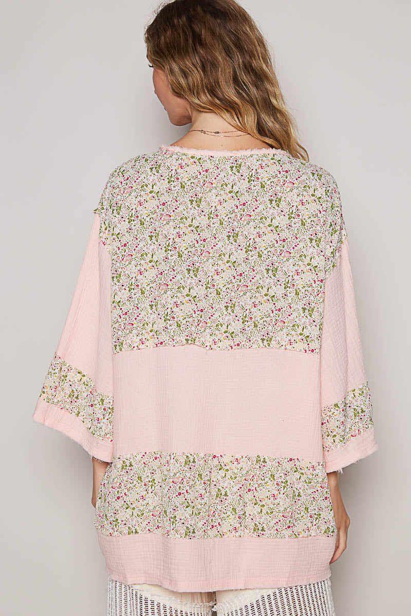 On A Break Floral Contrast Loose Fit Blouse in Double Gauze (2 Colors)