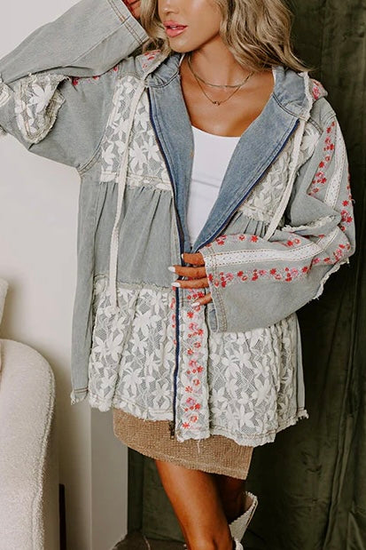 Bring The Wow Floral Embroidered Denim + Lace Tiered Hoodie (4 Colors)