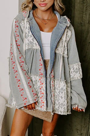 Bring The Wow Floral Embroidered Denim + Lace Tiered Hoodie (4 Colors)