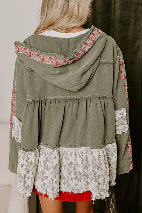 Bring The Wow Floral Embroidered Denim + Lace Tiered Hoodie (4 Colors)