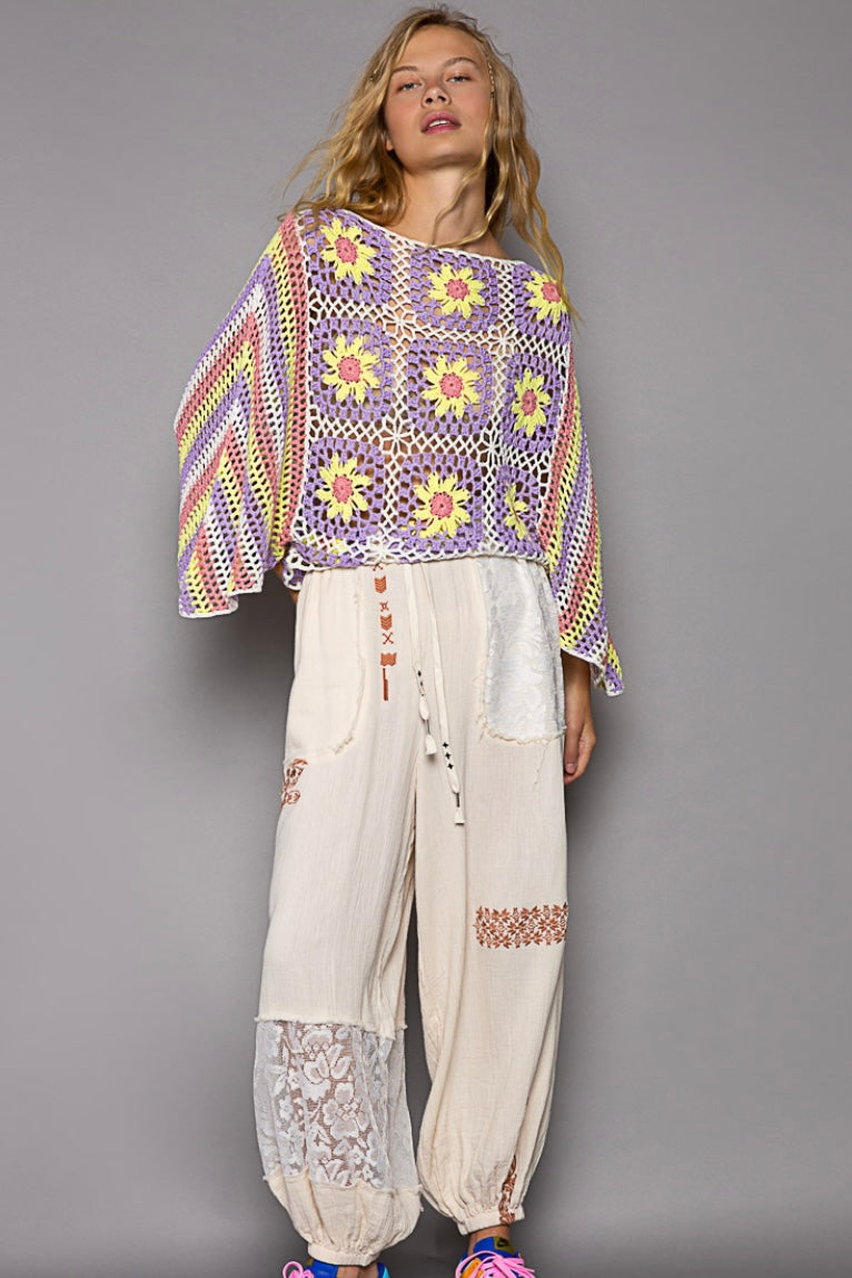 I’m So Fly Gauze + Lace Embroidered Slouchy Jogger Pants
