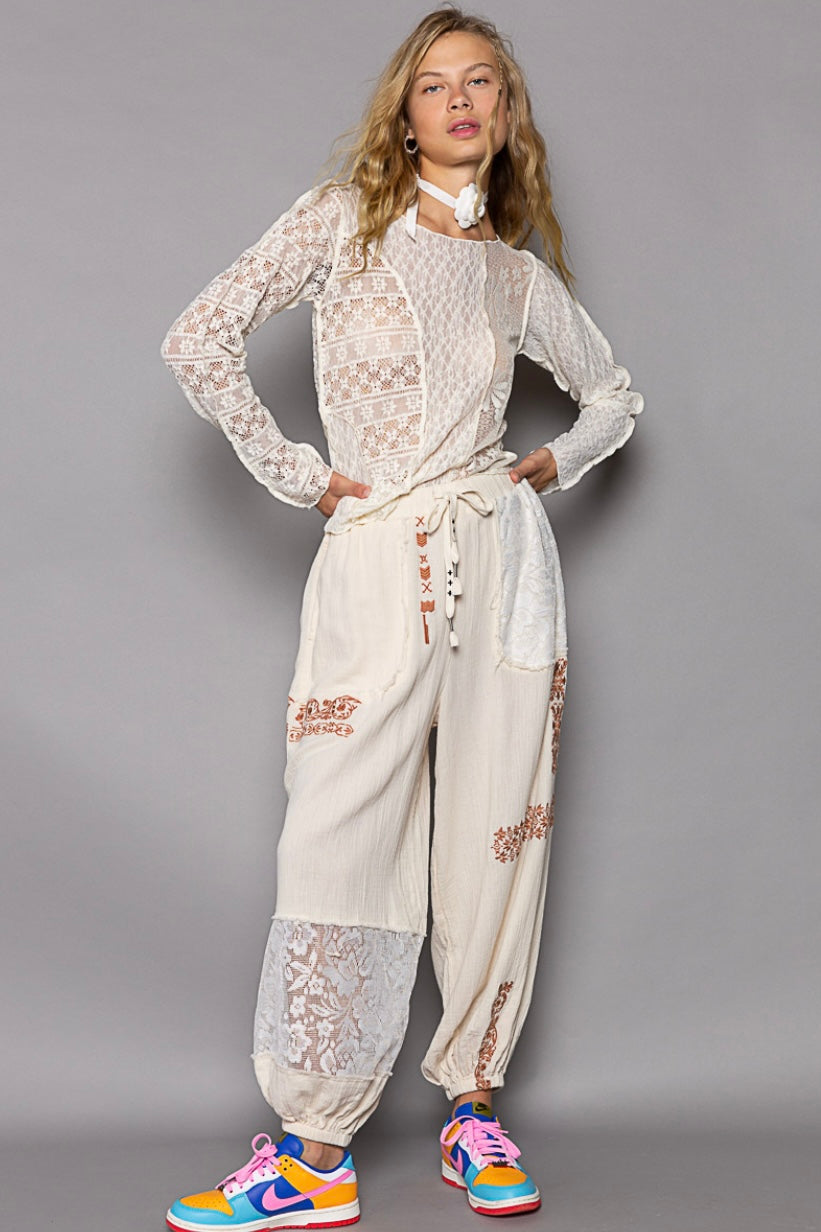I’m So Fly Gauze + Lace Embroidered Slouchy Jogger Pants