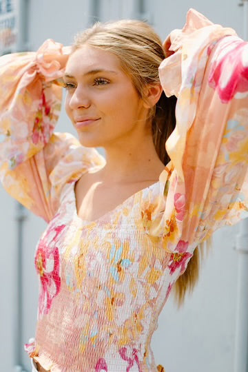 Bali Floral Smocked Bubble Sleeve Top