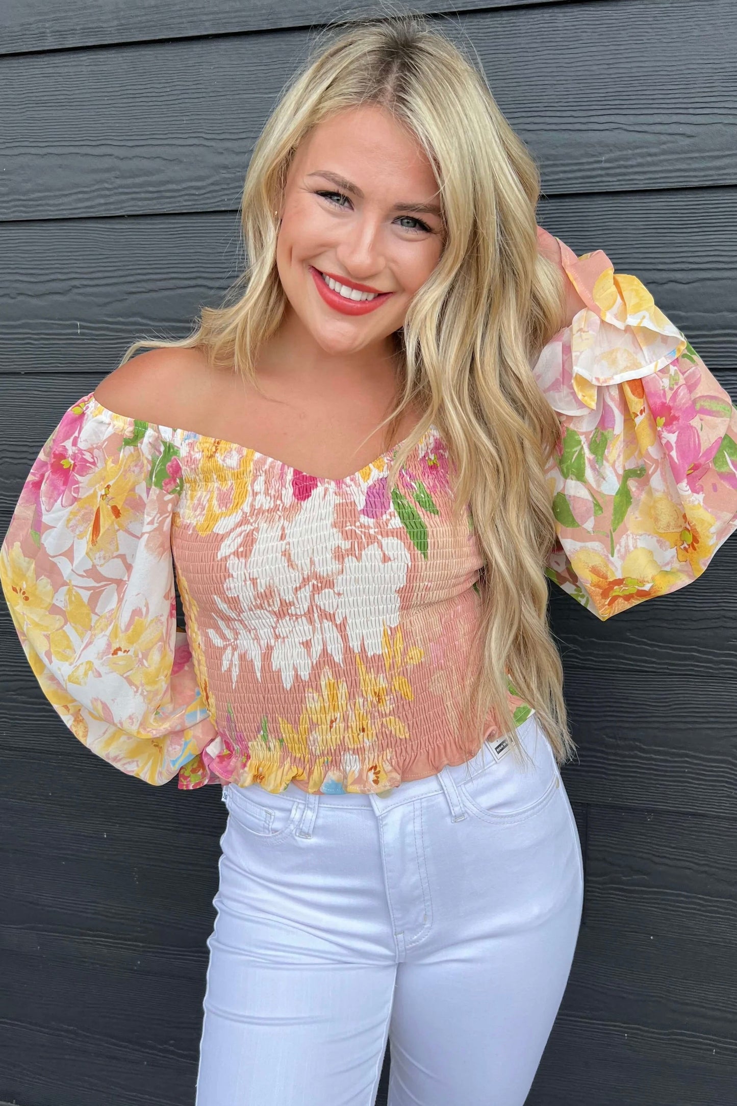 Bali Floral Smocked Bubble Sleeve Top