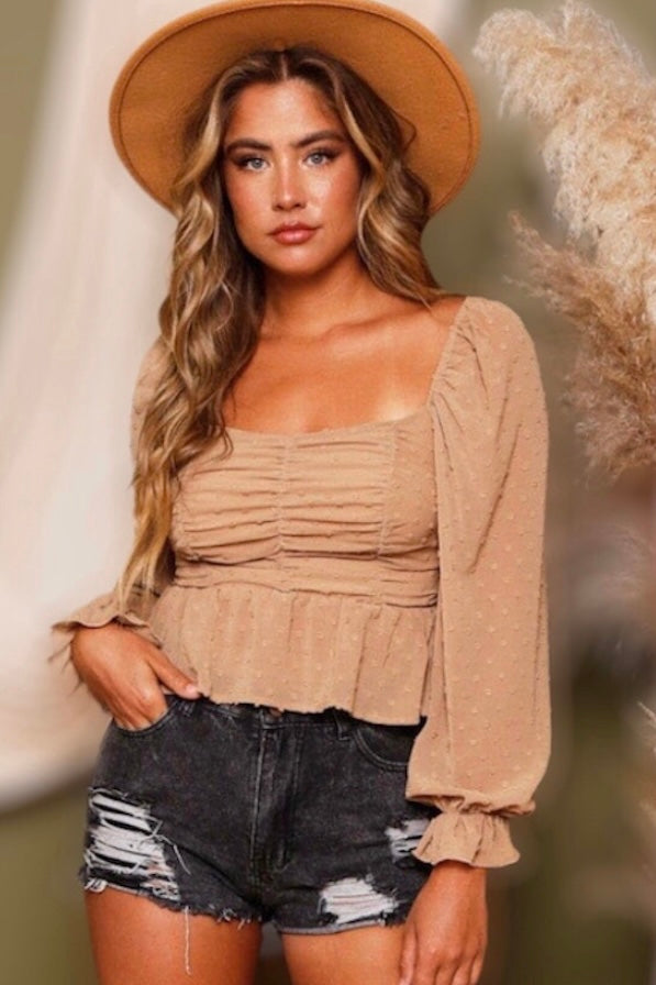 All About You Swiss Dot Ruched Peplum Top
