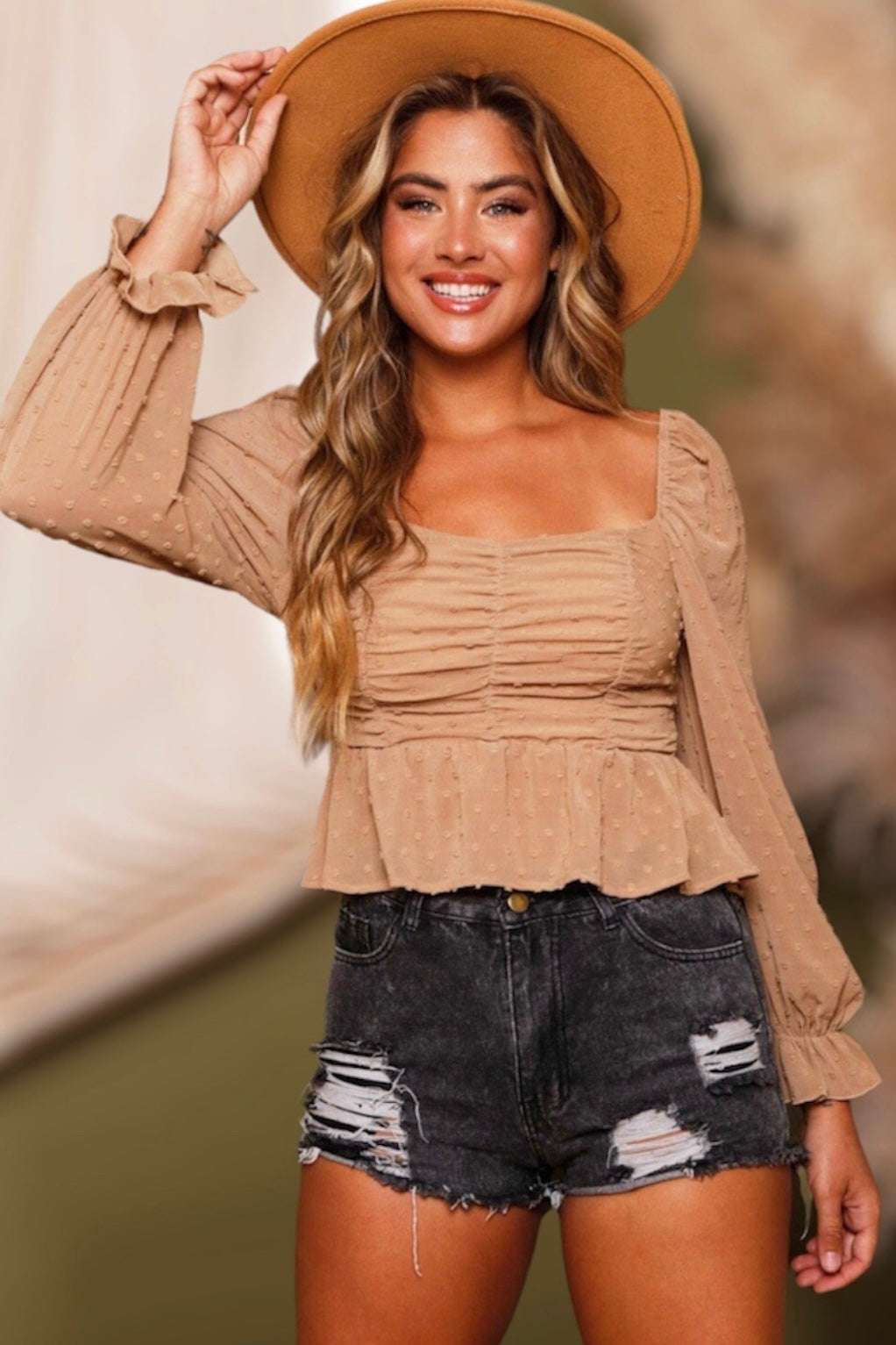 All About You Swiss Dot Ruched Peplum Top