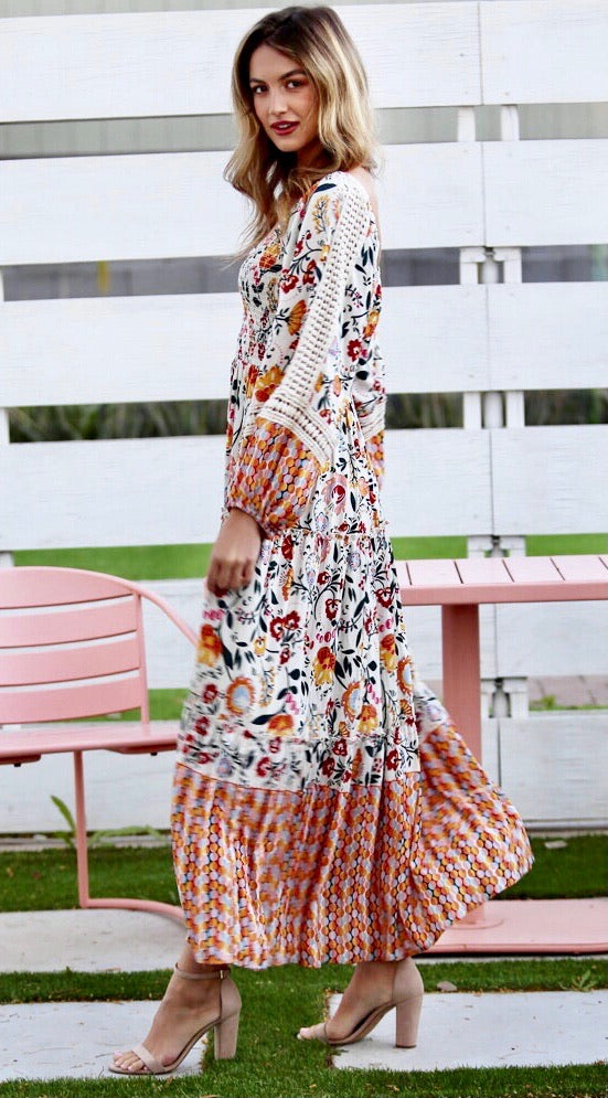 Picture Perfect Floral Long Sleeve Smocked Maxi with Crochet Lace
