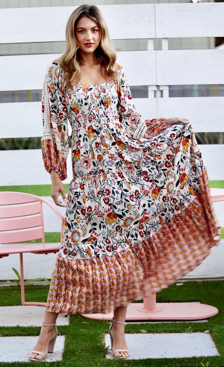 Picture Perfect Floral Long Sleeve Smocked Maxi with Crochet Lace