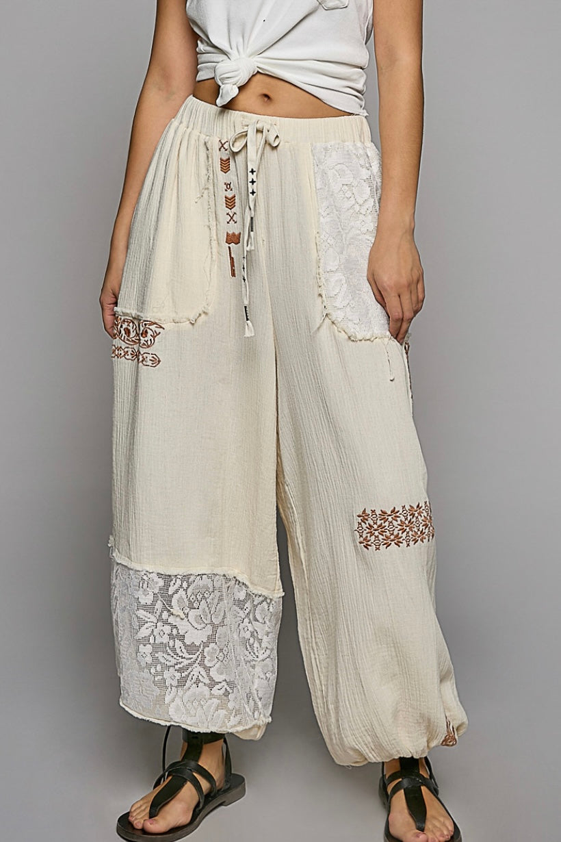 I’m So Fly Gauze + Lace Embroidered Slouchy Jogger Pants