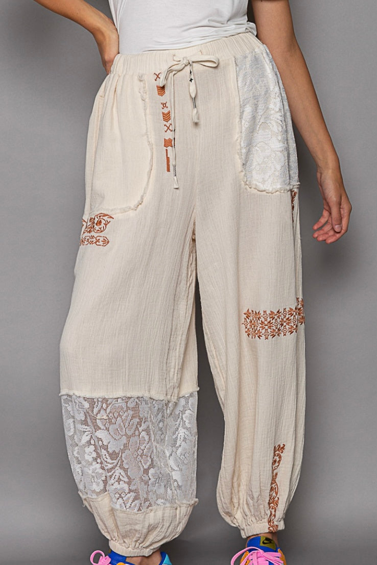 I’m So Fly Gauze + Lace Embroidered Slouchy Jogger Pants