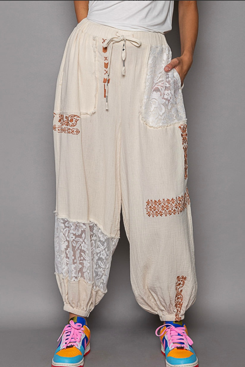 I’m So Fly Gauze + Lace Embroidered Slouchy Jogger Pants