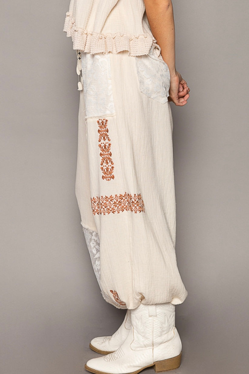 I’m So Fly Gauze + Lace Embroidered Slouchy Jogger Pants