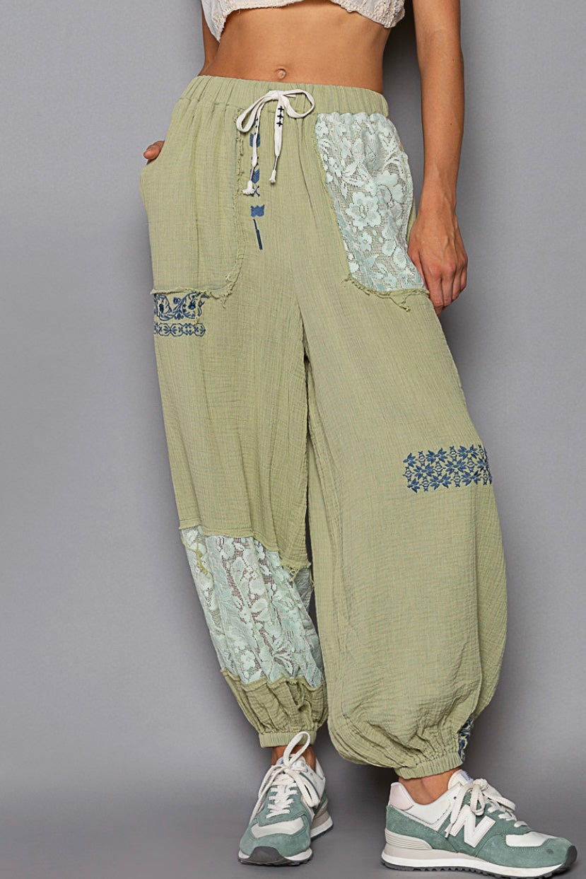 I’m So Fly Gauze + Lace Embroidered Slouchy Jogger Pants