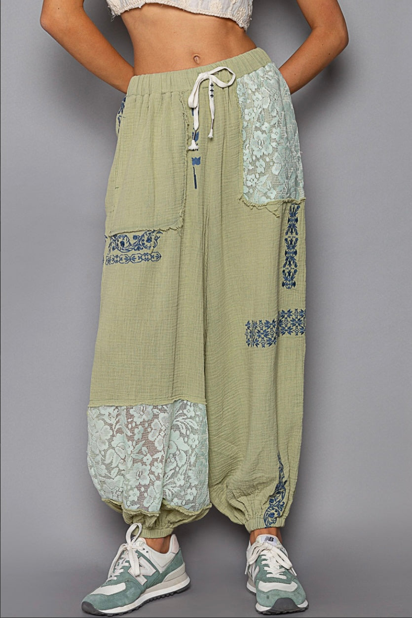 I’m So Fly Gauze + Lace Embroidered Slouchy Jogger Pants