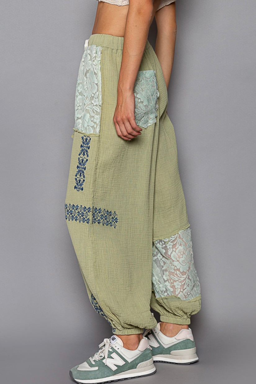 I’m So Fly Gauze + Lace Embroidered Slouchy Jogger Pants