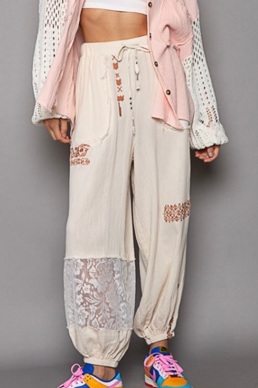 I’m So Fly Gauze + Lace Embroidered Slouchy Jogger Pants