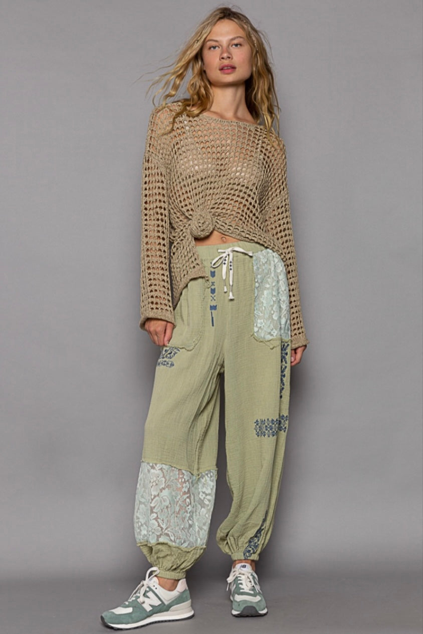 I’m So Fly Gauze + Lace Embroidered Slouchy Jogger Pants