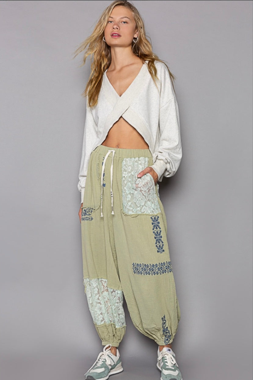 I’m So Fly Gauze + Lace Embroidered Slouchy Jogger Pants