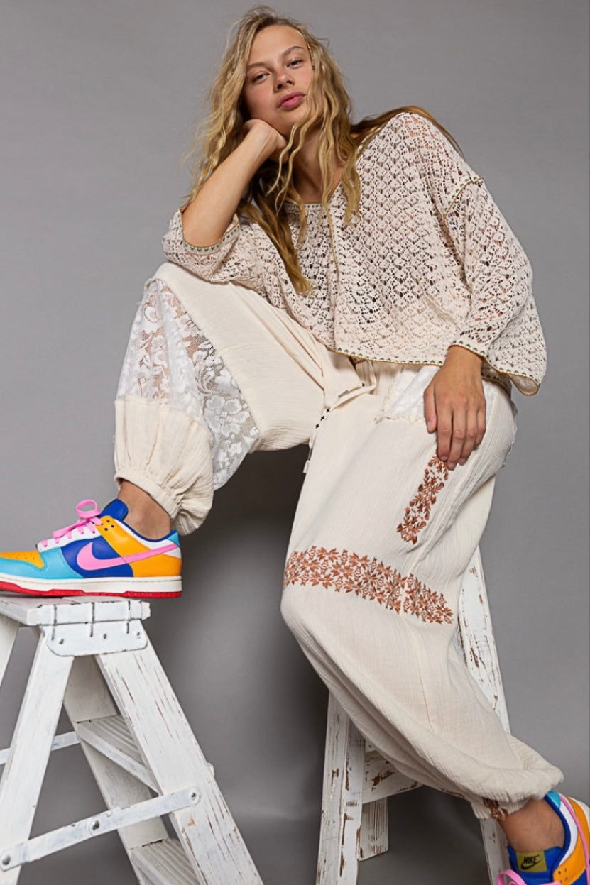 I’m So Fly Gauze + Lace Embroidered Slouchy Jogger Pants