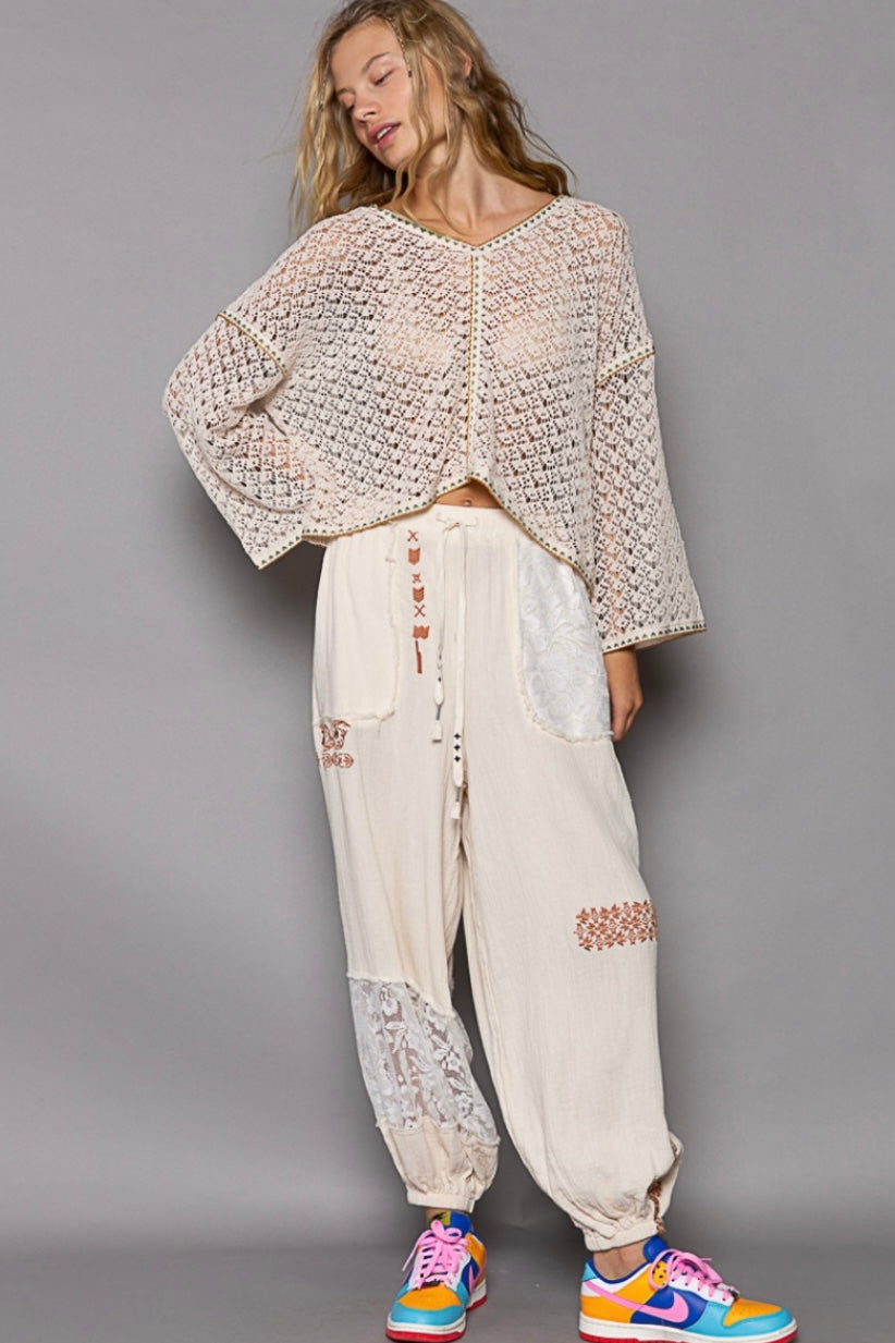 I’m So Fly Gauze + Lace Embroidered Slouchy Jogger Pants
