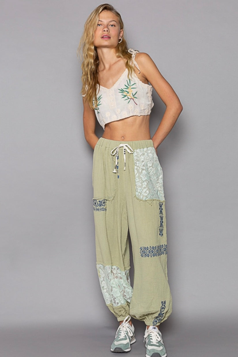I’m So Fly Gauze + Lace Embroidered Slouchy Jogger Pants