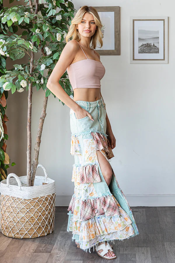 Summer Solstice Floral + Plaid Patchwork Ruffled Denim Maxi (2 Colors)