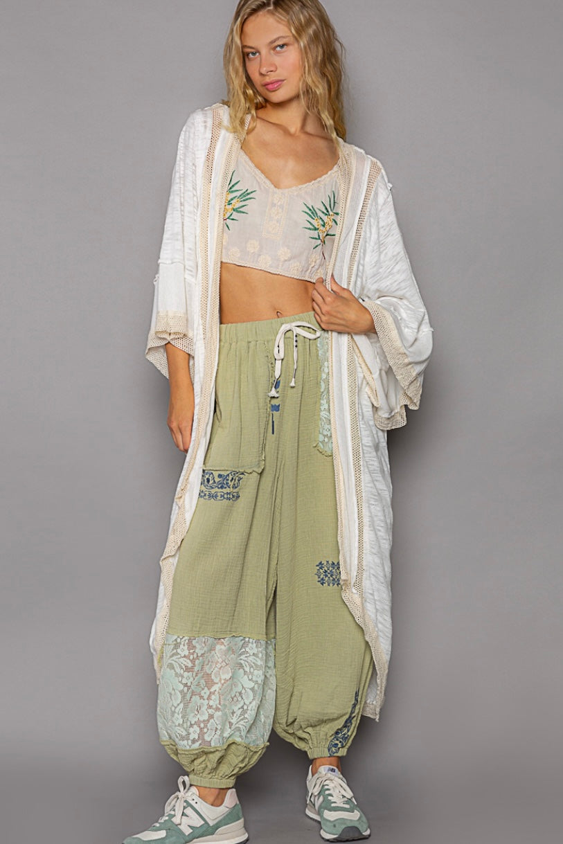I’m So Fly Gauze + Lace Embroidered Slouchy Jogger Pants