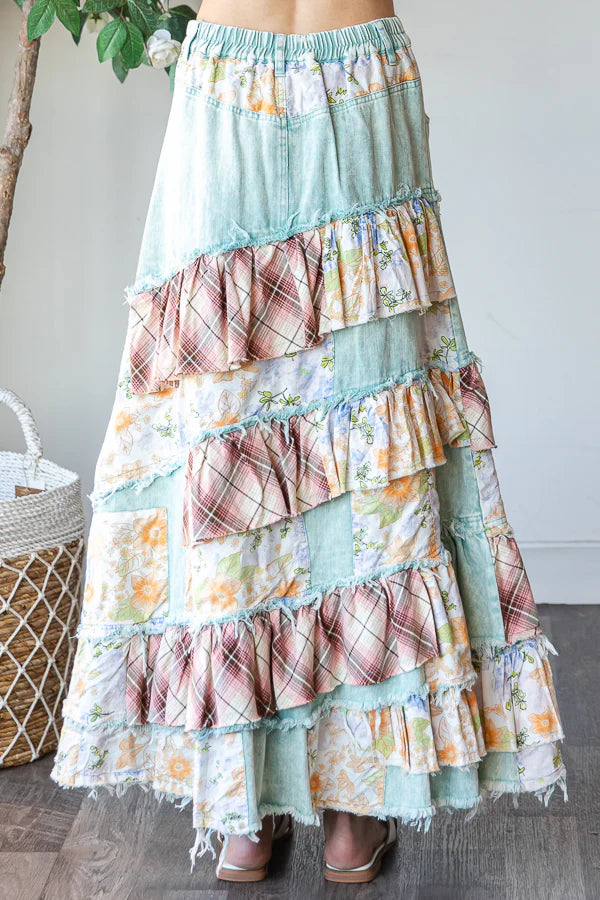 Summer Solstice Floral + Plaid Patchwork Ruffled Denim Maxi (2 Colors)