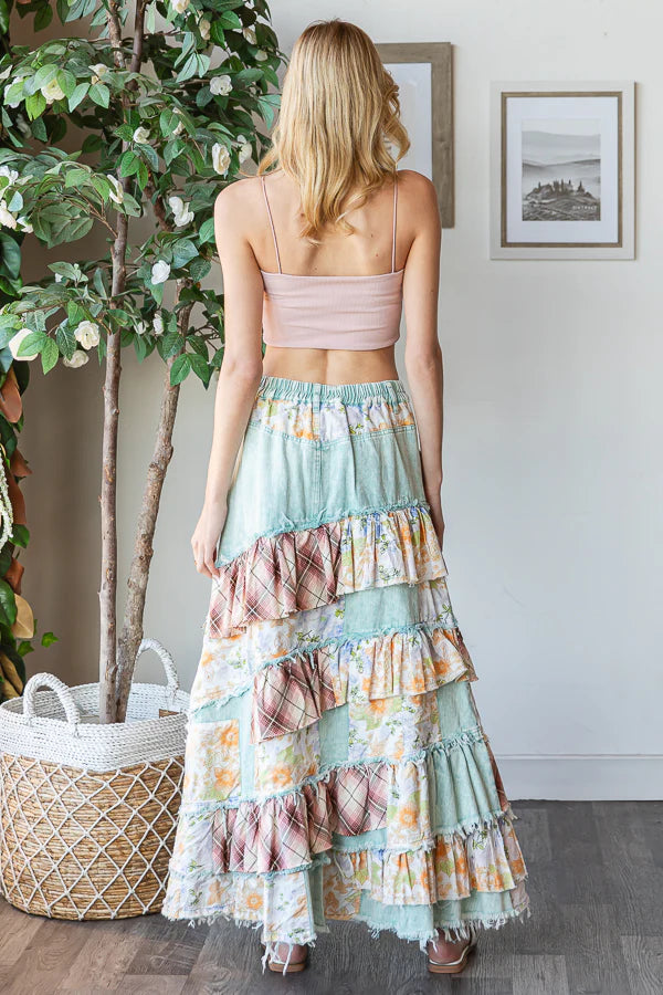 Summer Solstice Floral + Plaid Patchwork Ruffled Denim Maxi (2 Colors)