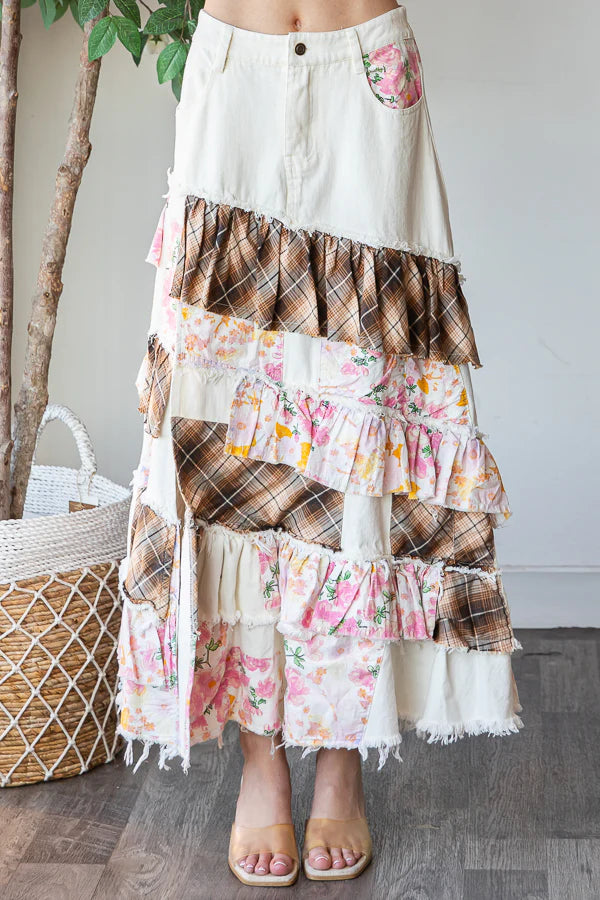 Summer Solstice Floral + Plaid Patchwork Ruffled Denim Maxi (2 Colors)