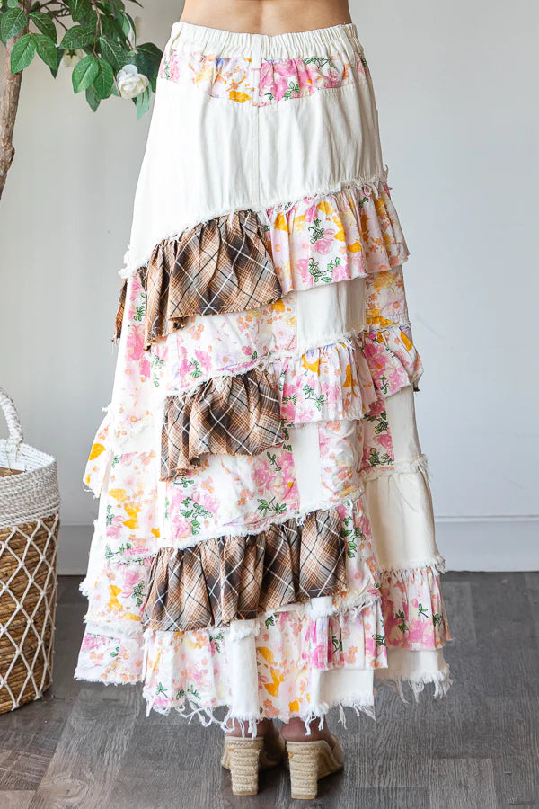 Summer Solstice Floral + Plaid Patchwork Ruffled Denim Maxi (2 Colors)