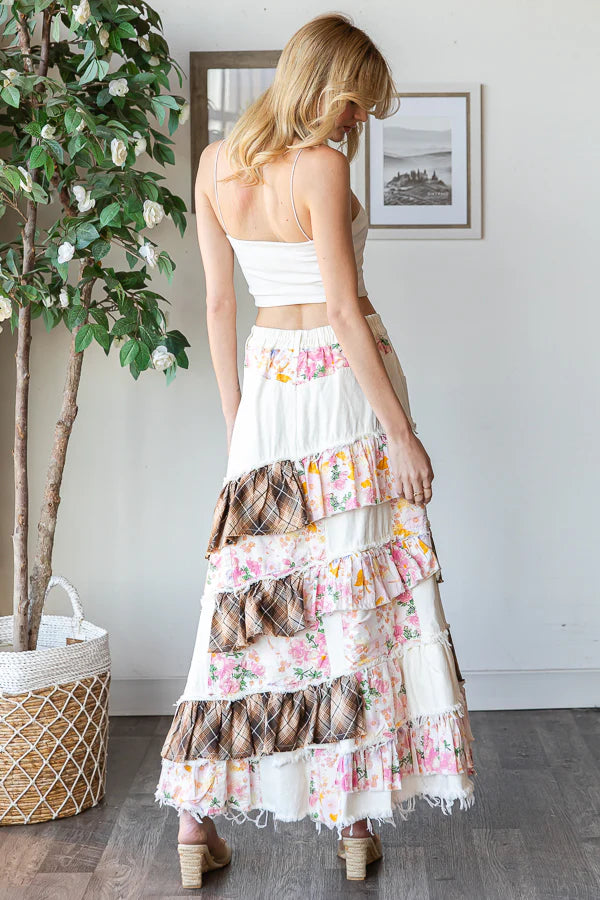 Summer Solstice Floral + Plaid Patchwork Ruffled Denim Maxi (2 Colors)