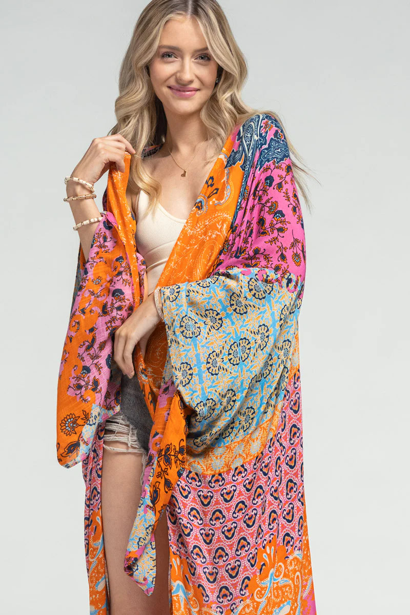 La Jolla Damask Print Longline Maxi Duster Kimono