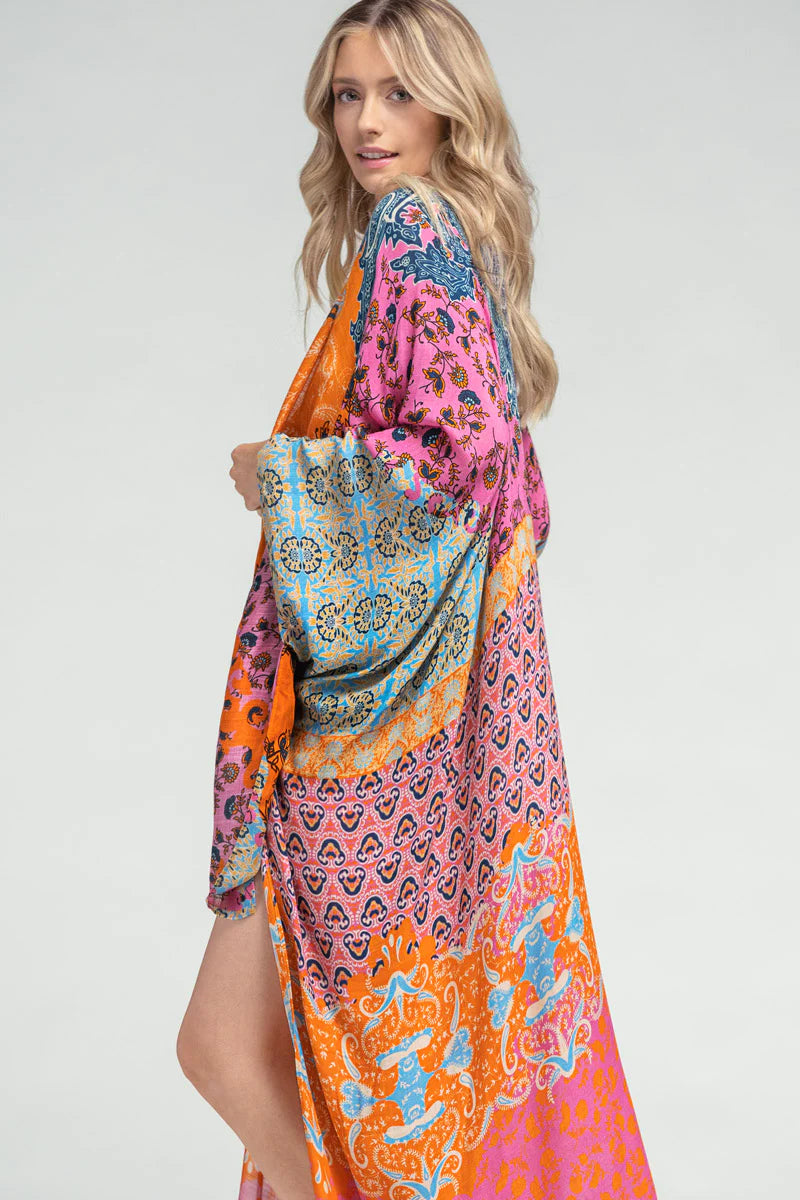 La Jolla Damask Print Longline Maxi Duster Kimono