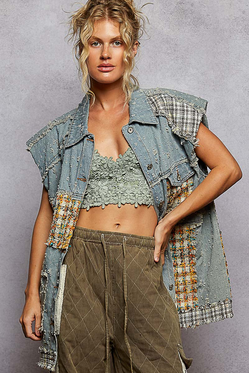 The Cool Kids Textured Denim Patchwork Vest