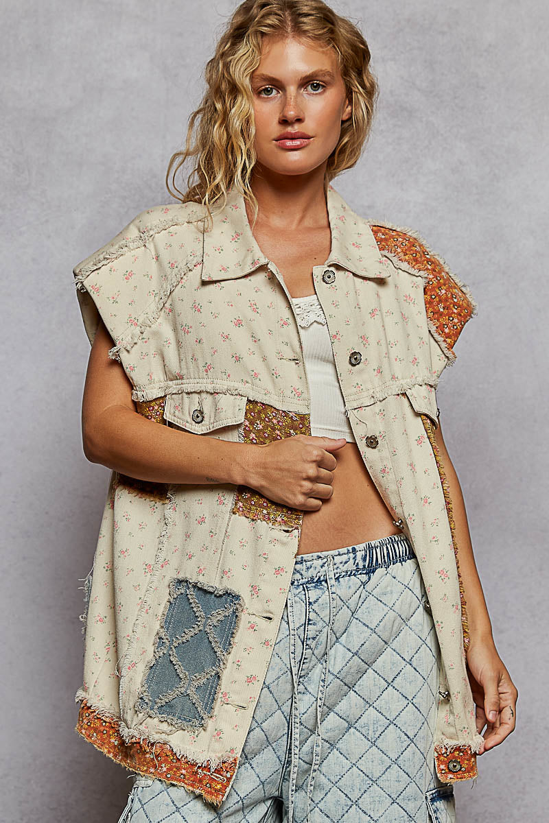 The Cool Kids Floral Denim Patchwork Vest