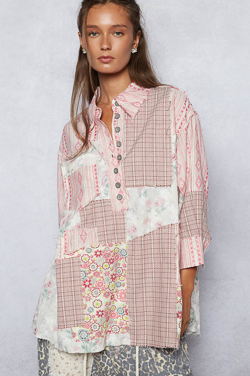 Pink Patchwork Cotton Shirt | Mixed Floral Button Neck Top – xoxo