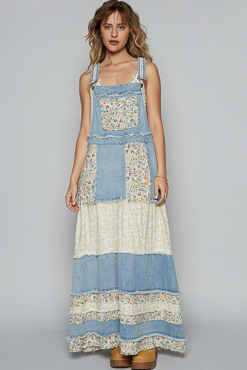 Love Bomb Floral Patchwork Washed Denim Skirtall