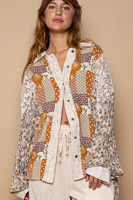 Golden Hour Caramel Floral + Lace Patchwork Button Down Shirt