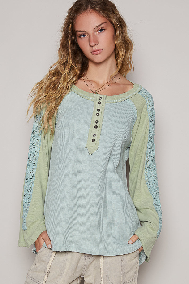 High Five Lace Trimmed Color Blocked Henley