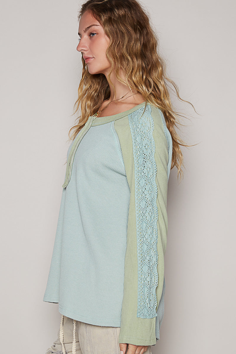 High Five Lace Trimmed Color Blocked Henley