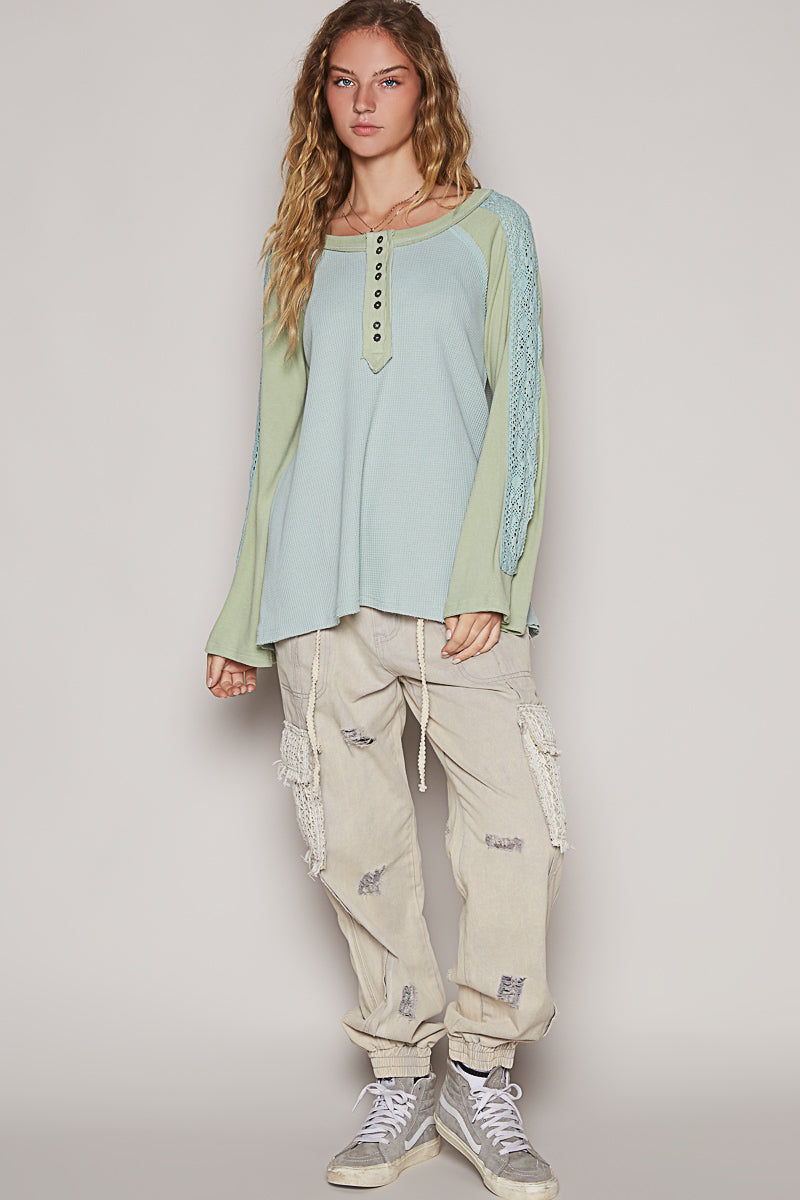 High Five Lace Trimmed Color Blocked Henley