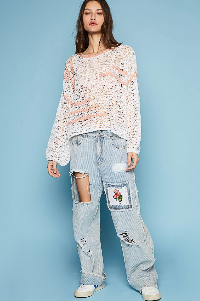 Spring Fling Flower Patch Distressed Pinstriped Jeans