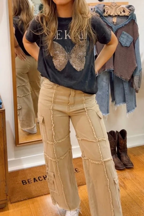 Cool in Cargo Reverse Seamed Frayed Straight Wide Leg Jeans (2 Colors)