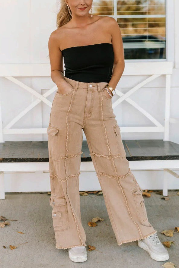 Cool in Cargo Reverse Seamed Frayed Straight Wide Leg Jeans (2 Colors)