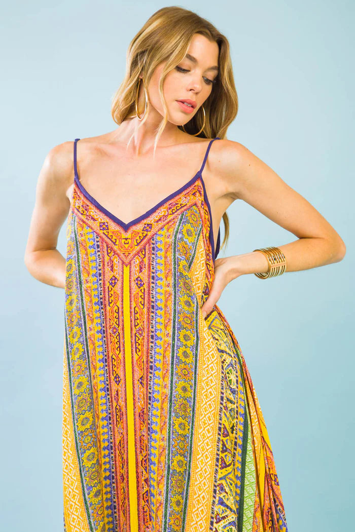 Boardwalk Mixed Print Colorful Hanky Hem Midi