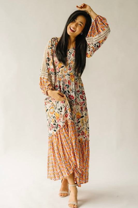 Picture Perfect Floral Long Sleeve Smocked Maxi with Crochet Lace