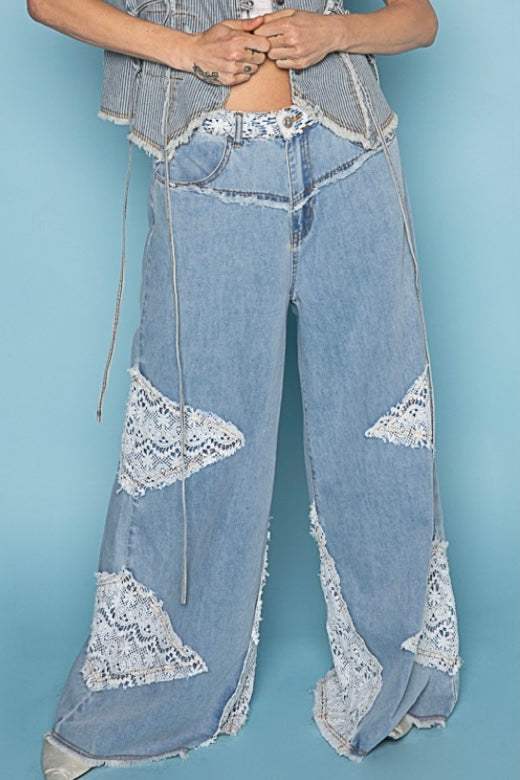 In My Element Crochet Patch Straight Wide Leg Jeans