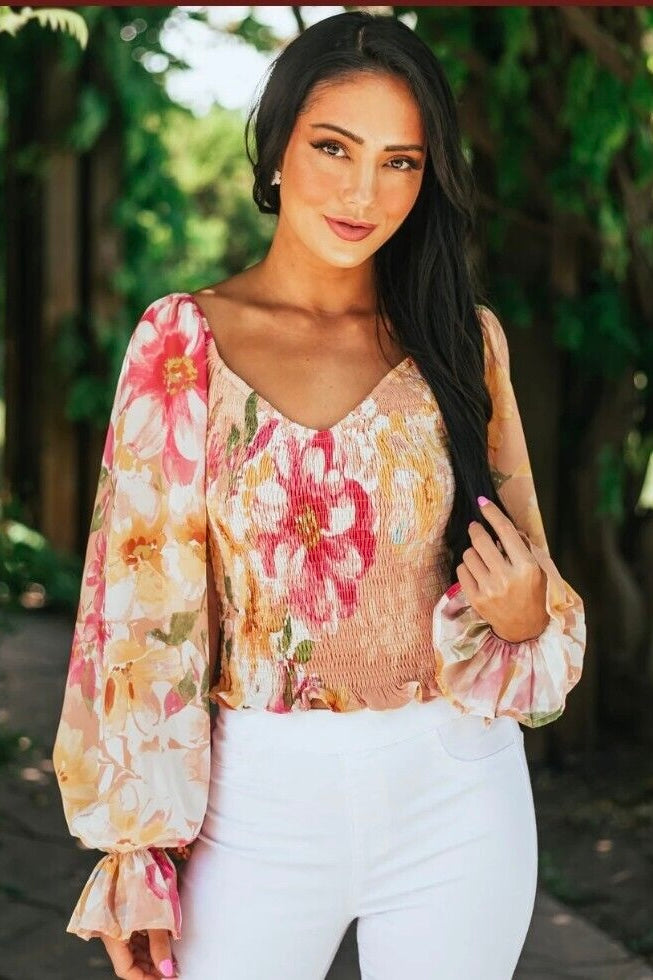 Bali Floral Smocked Bubble Sleeve Top
